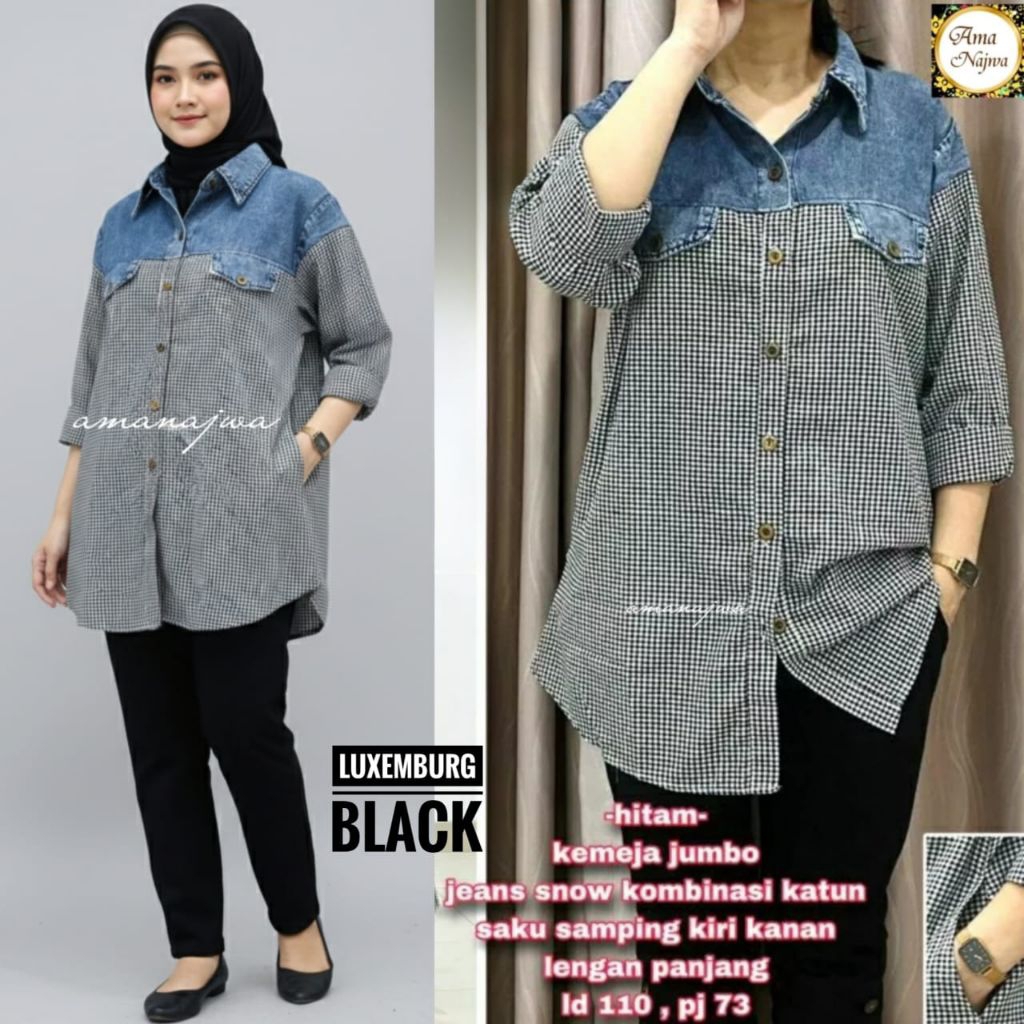 Tunik Jeans Wanita Super Jumbo LD 110 Bahan Jeans Snow Kombinasi katun