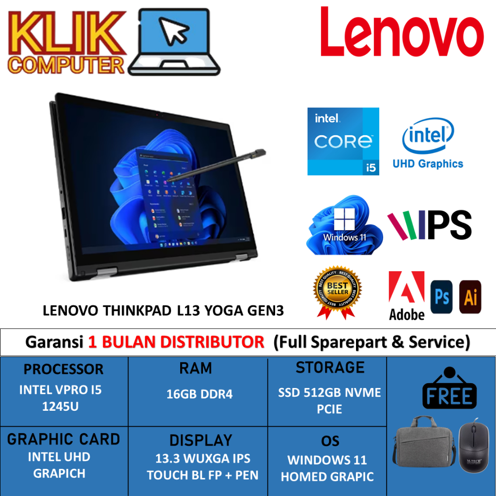 Lenovo Yoga Thinkpad L13 Gen3 Intel VPRO i5 1245U Ram 16GB SSD 512GB 13 Inch Touchscreen Black