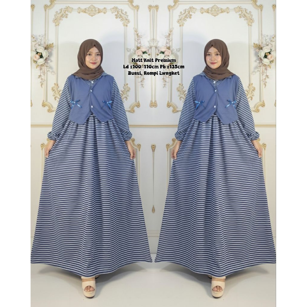 GAMIS Knit Wanita Busui / Gamis Wanita Variasi Rompi / Gamis Knit Salur Rompi Lengket