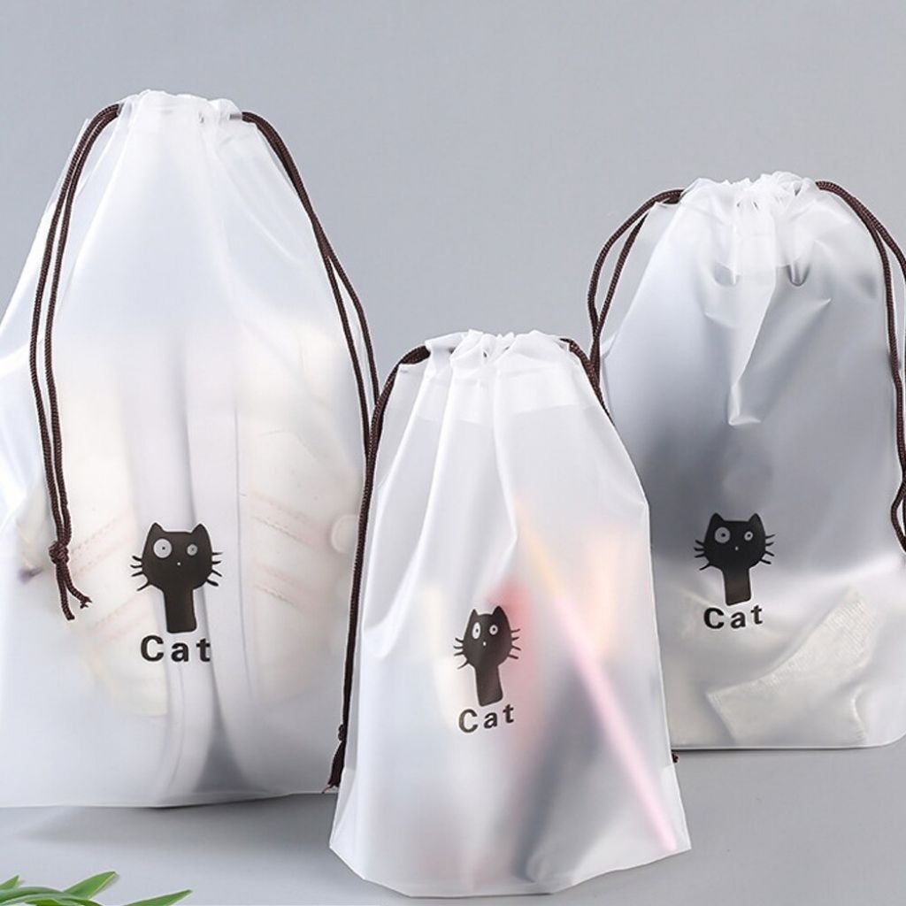 3pcs Kantong Serut Travel Plastik Buram Serbaguna Pouch Penyimpanan Sepatu Pakaian Anti Air Motif Da
