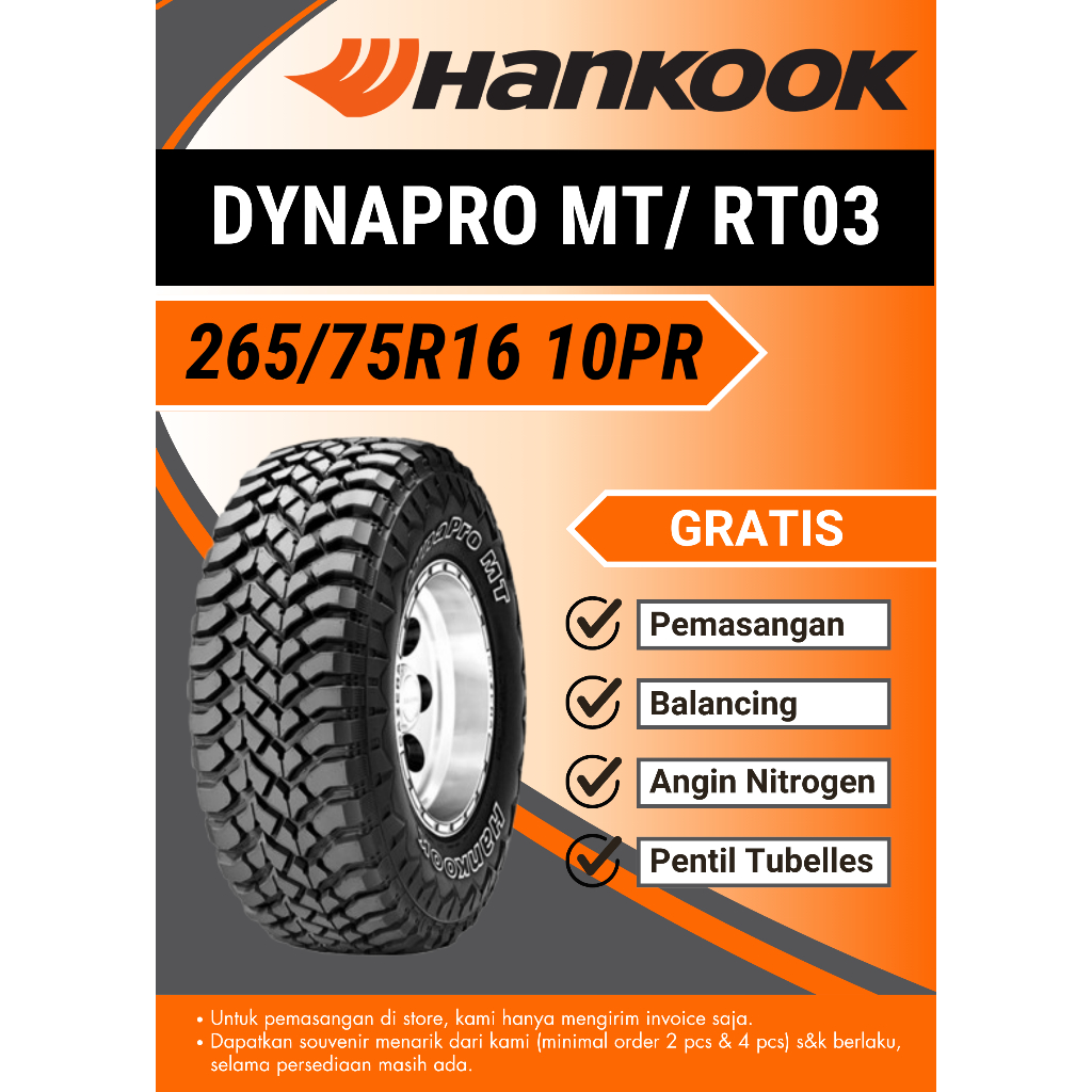 Ban Mobil Hankook 265/75R16 10PR DYNAPRO MT RT03 tubeless  265/75 R16 , 265 75 16 , 265/75-16, 26575