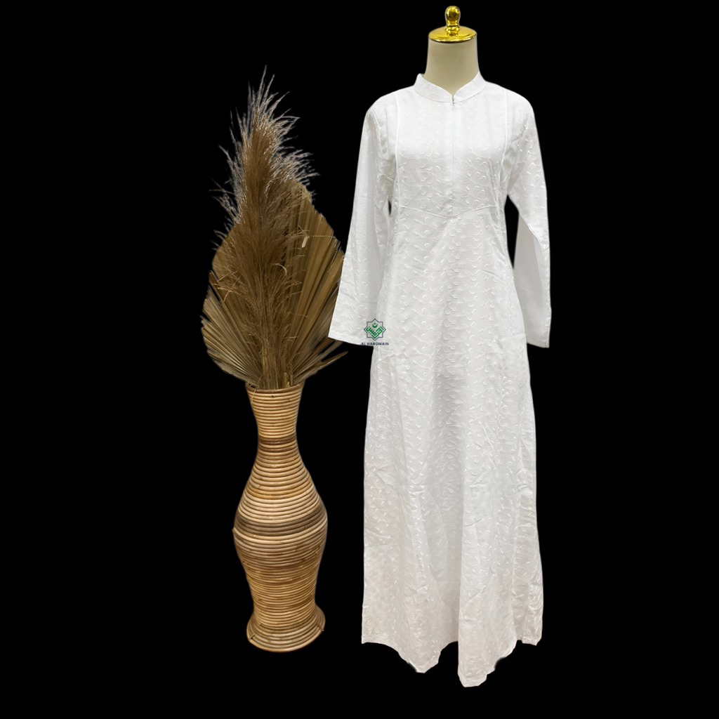 Gamis Putih Muslimah Katun Jepang Motif Bunga Busana Ihrom Dan Haji