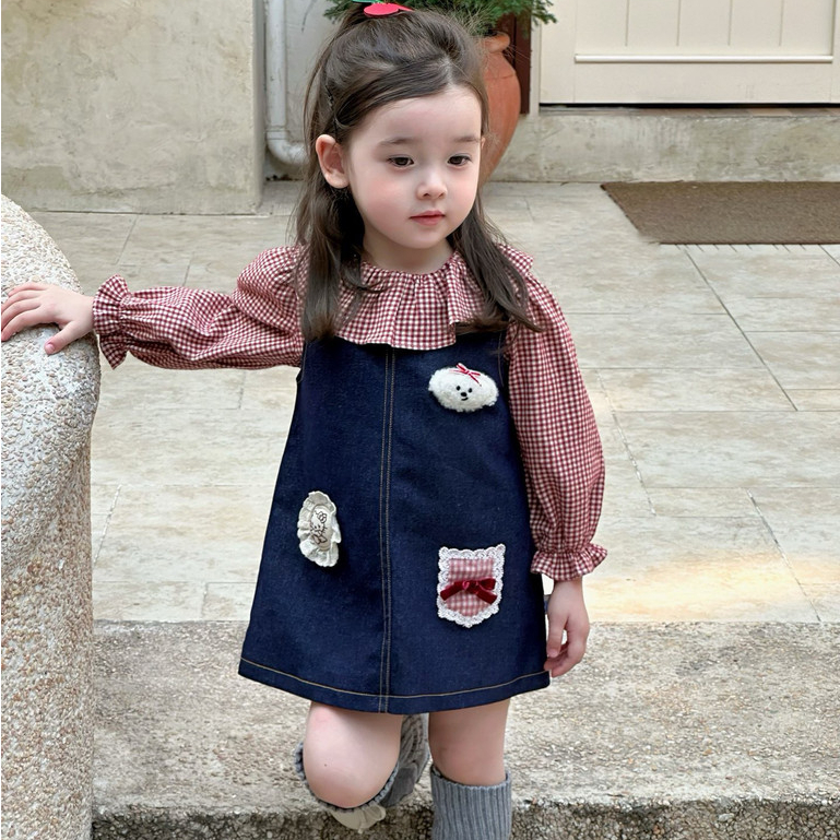 Kiddo Puff Gaun Overall Kartun Anak-Anak Kemeja Babydoll Kotak-Kotak