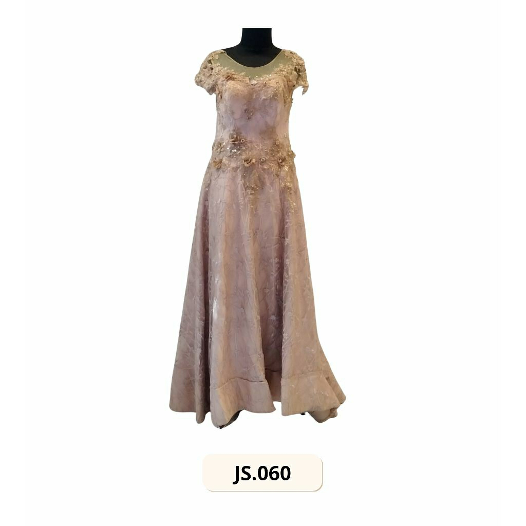 GAUN PESTA PRELOVED WARNA ROSEGOLD DENGAN MODEL LENGAN PENDEK (JS.060)