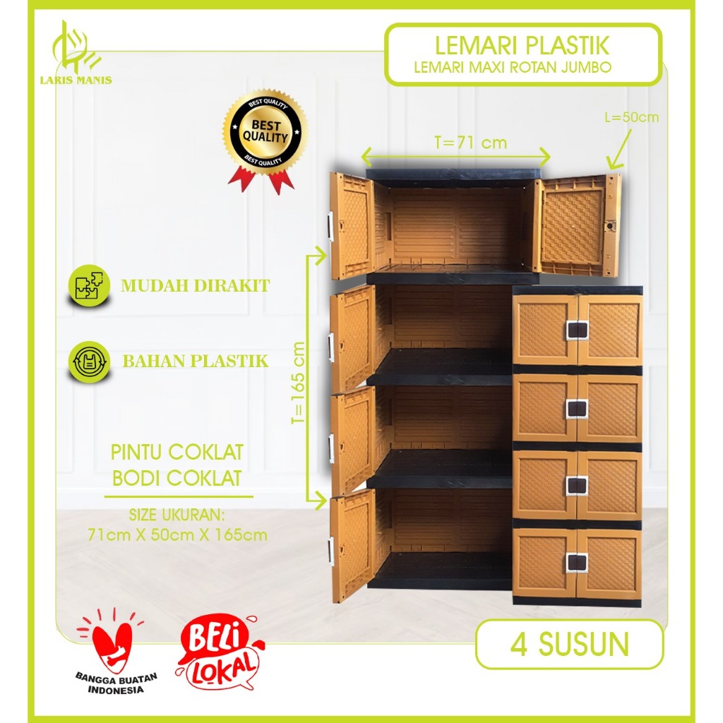 Lariss Maniss Lemari Plastik 4 Susun / Lemari Pakaian Plastik Portable Motif Timbul Rotan Dengan Kun