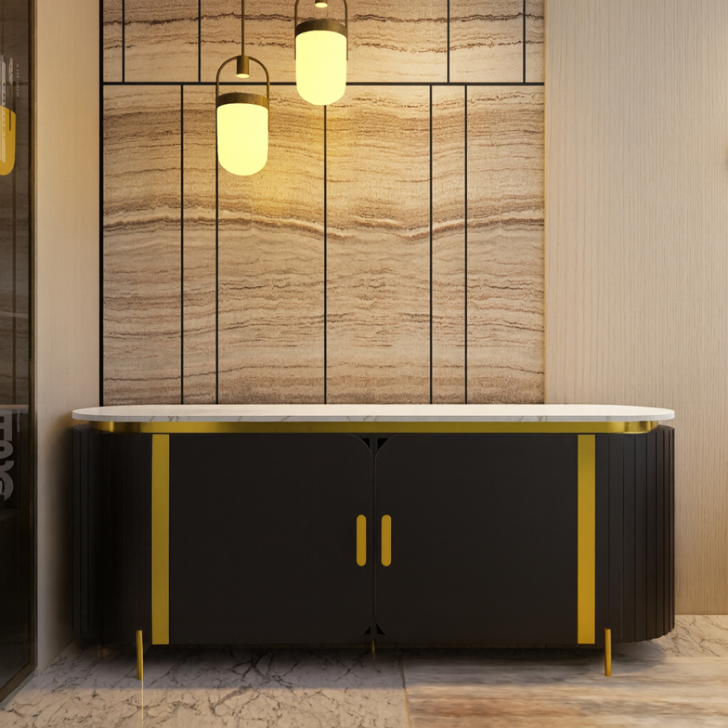 Buffet Minimalis Modern Noir – Kabinet Sideboard Hitam Gold Premium dengan Desain Luxury Elegan