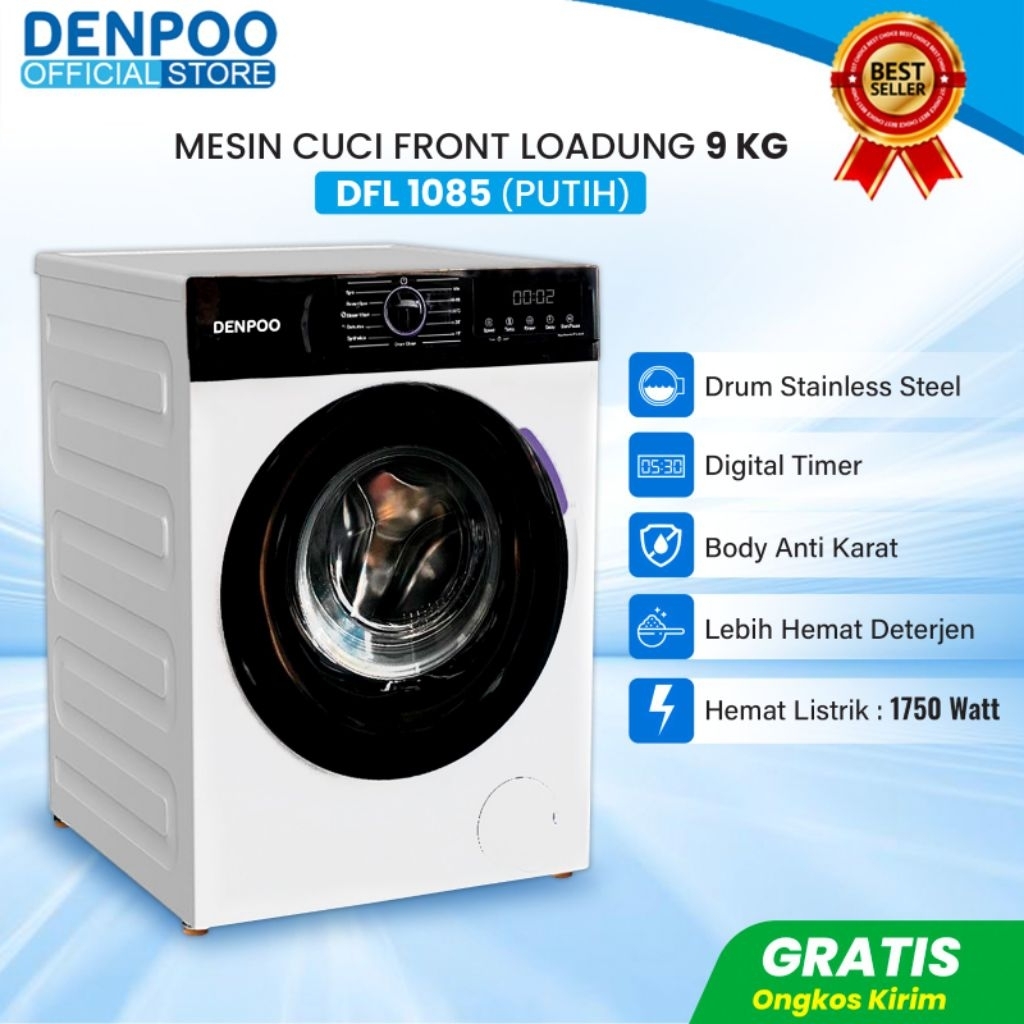 Mesin Cuci Front Loading DENPOO DFL 1085 9 KG Warna Abu-abu Gelap