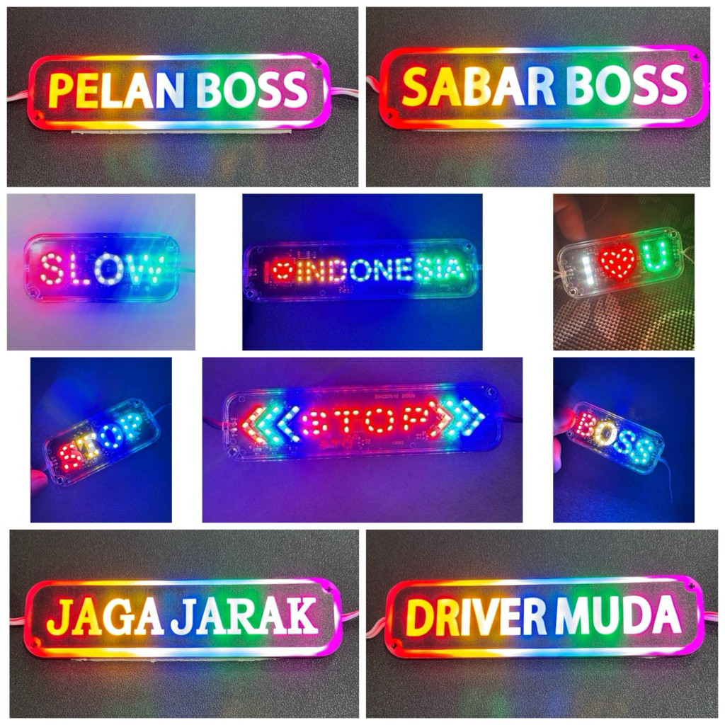 Lampu Indikator 12 Volt dan 24 Bol Nyala Running Logo STOP JAGA JARAK SLOW BOSS SABAR BOSS PELAN BOS