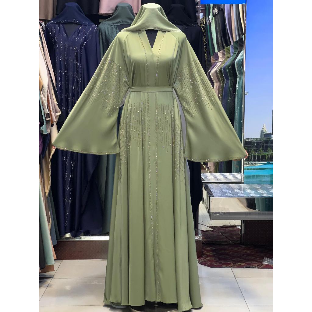 READY STOCK ABAYA DUBAI/ ABAYA DAVINA/ GAMIS LEBARAN HIJAU SAGE