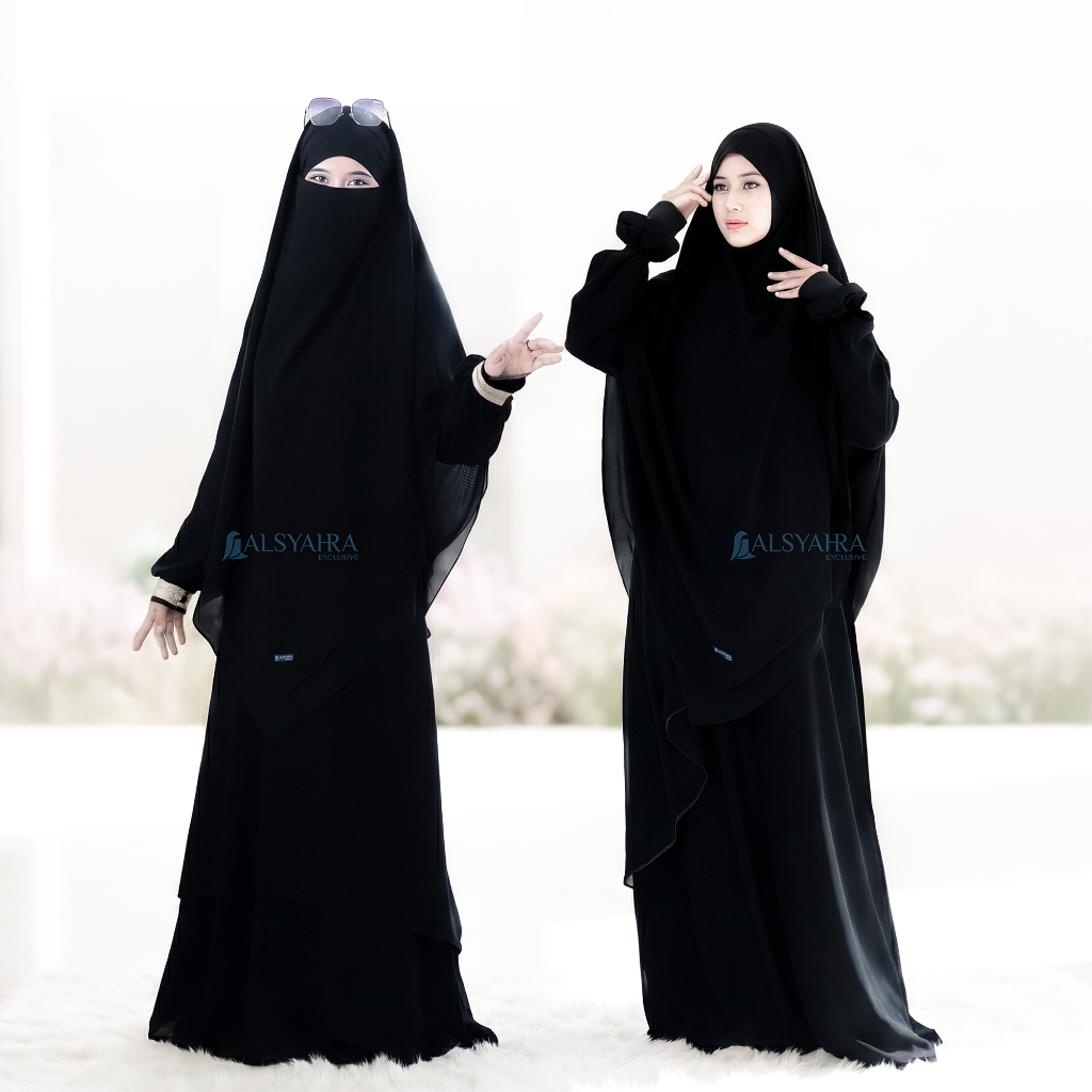 Alsyahra Exclusive French Khimar Lancip V Ayumi 2 Layer Sifon Silk Jetblack Arab Size XL