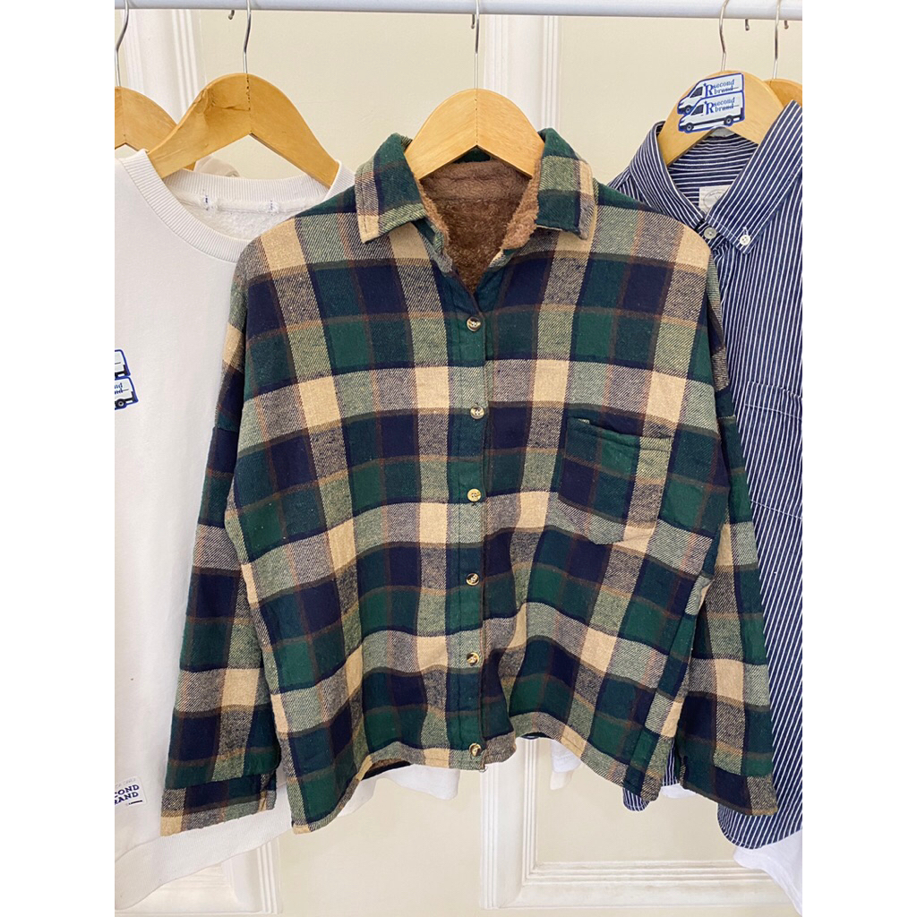 Vintage Kemeja Flannel Sherpa Green