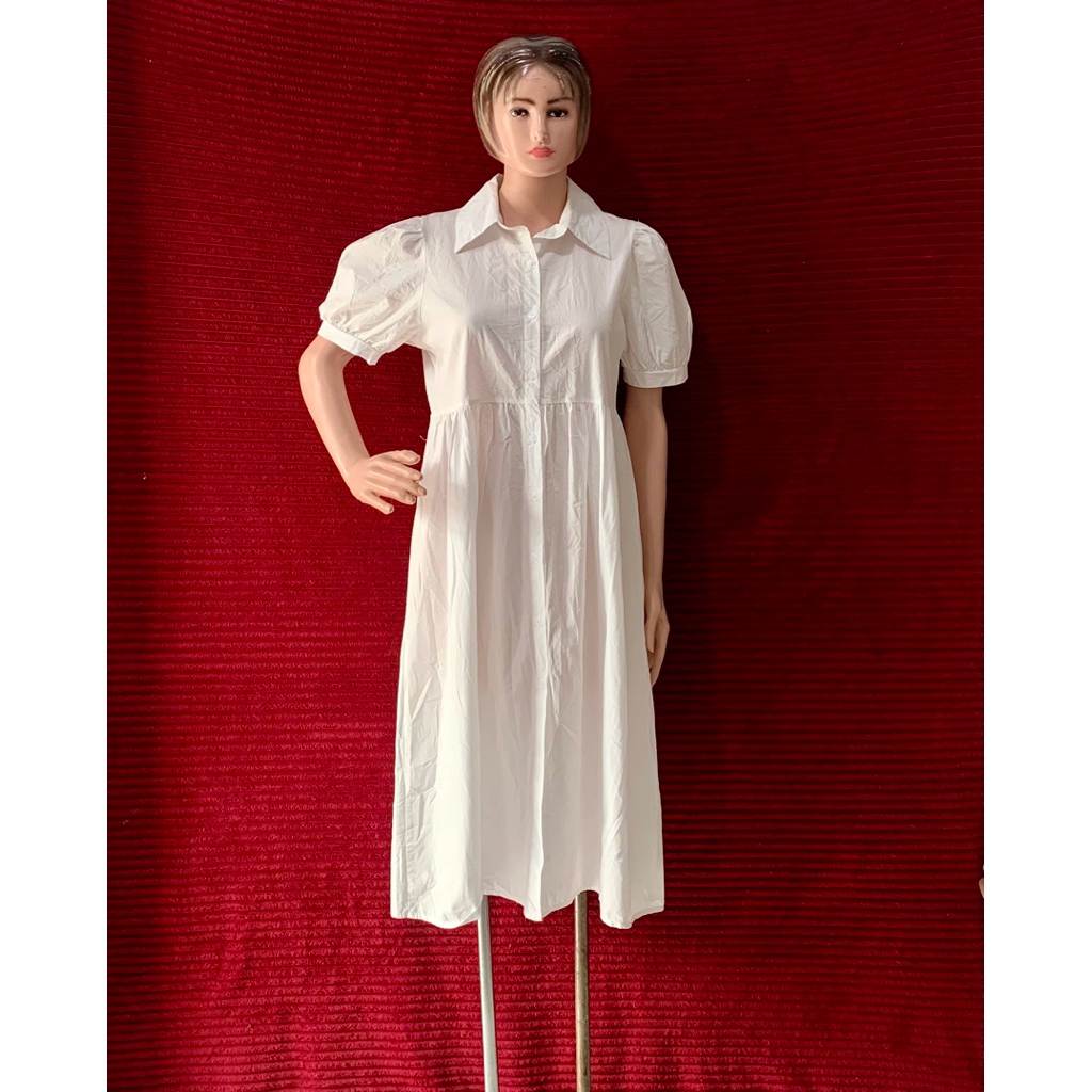 CASUAL DRESS PUTIH WANITA TANGAN BALON PENDEK KANCING DEPAN