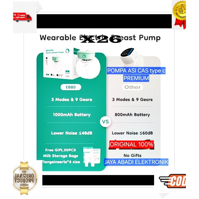 X26 elektronik elektrik MESIN POMPA SUSU PUMP BEBAS BPA FREE FOOD GRADE WEARABLE Kantong Asi ORI 100