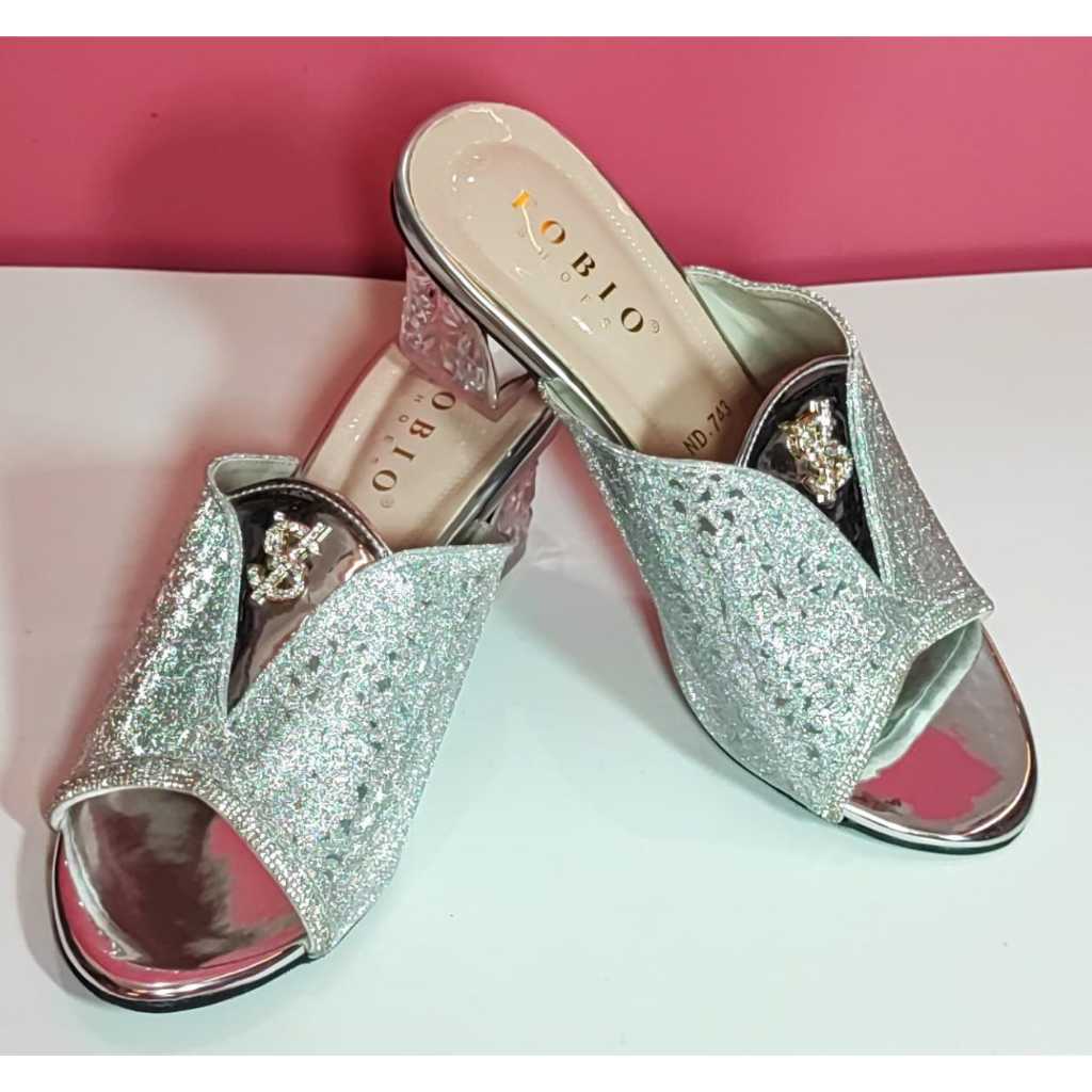 FOBIO ND 743 Sandal Pesta Ibu Perempuan Wanita Hak Besar 5cm Mewah Elegan Kuat Asli