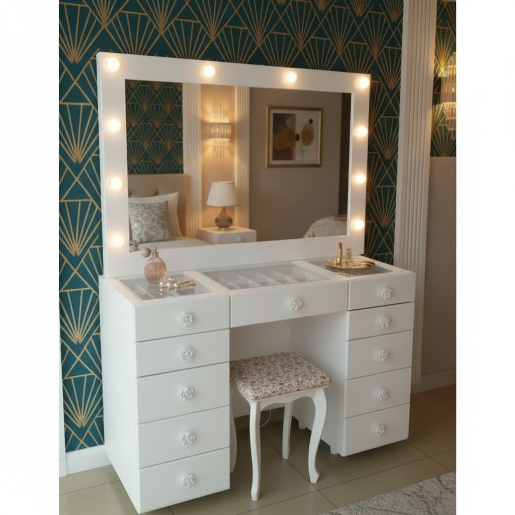 Meja rias  minimalis +kursi lampu led tempel dinding aesthetik