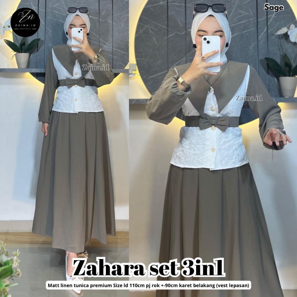Zahara Set 3in1 Original Zaina.id Matt Linen Premium Outer Vest Lepasan Setelan Gamis Tunik Rok Panj