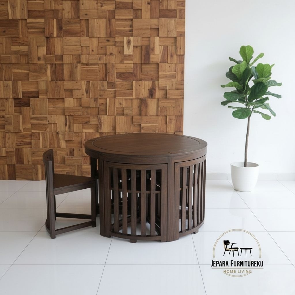 Set meja makan jati minimalis bulat simpel / meja makan praktis / meja makan sorong / meja makan jat