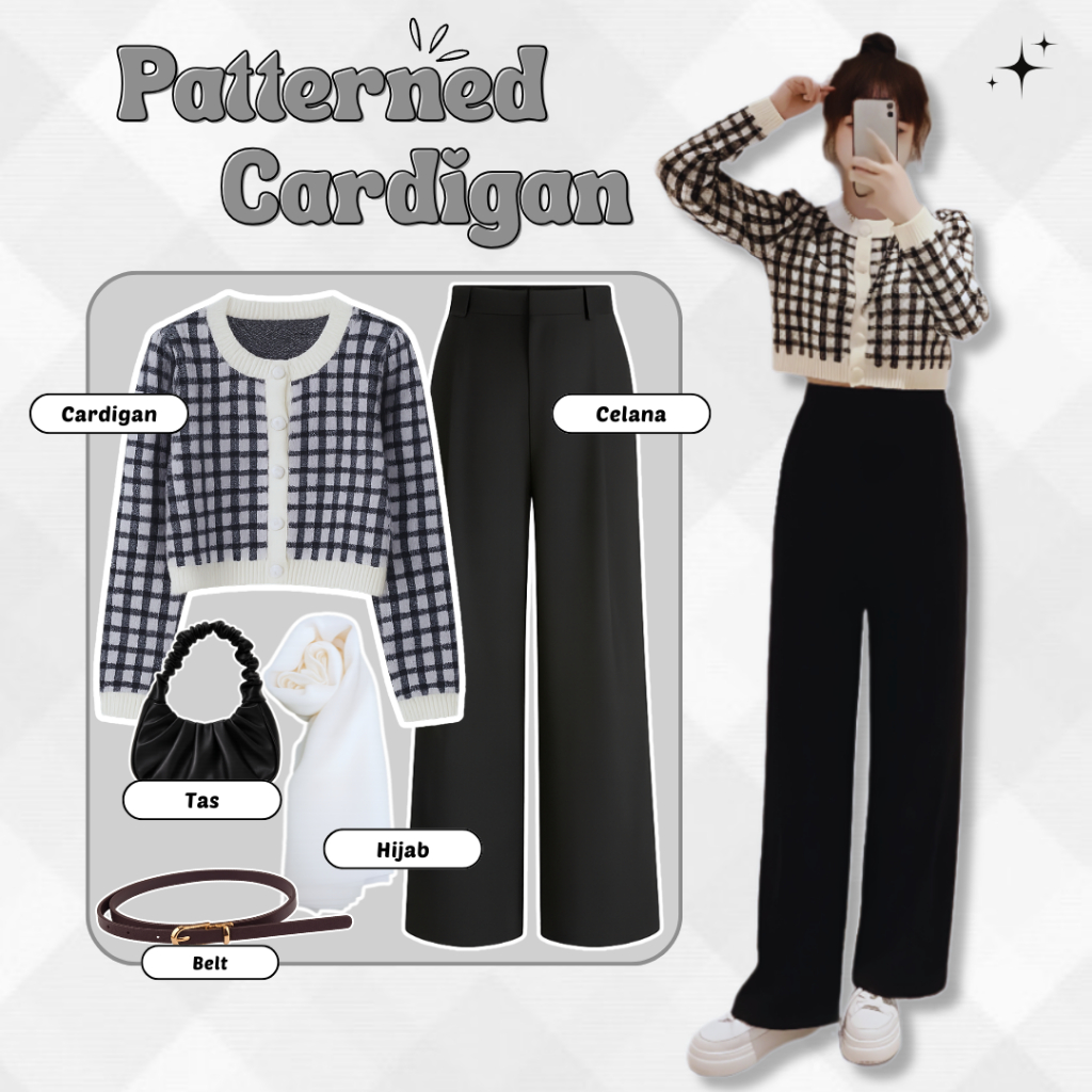 One Set 3 IN 1 - Cardigan Rajut + Celana Jennie Knit + Hijab Bella Square - Set Wanita Kekinian