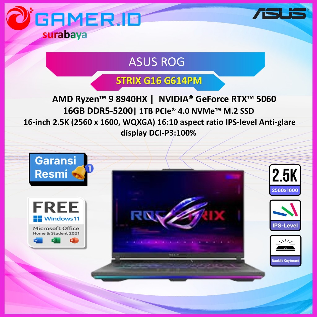 LAPTOP ASUS ROG STRIX G16 G614PM RYZEN 9 8940HX RTX5060 8GB/ 16GB 1TB 16.OWQXGA 240HZ
