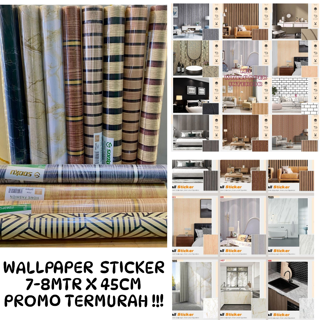 Wallpaper Sticker Dinding/Dapur Bahan PVC 7-8 M x 45cm Motif Salur, Kayu, Granit dan Marmer Termurah