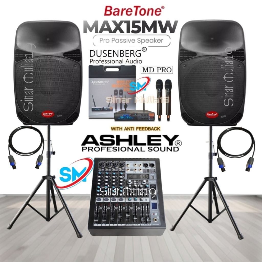 Paket Sound System Karaoke ( Live Musik) Speaker 15 Inch BareTone MAX15MW Power Mixer Ashley 6 Chann