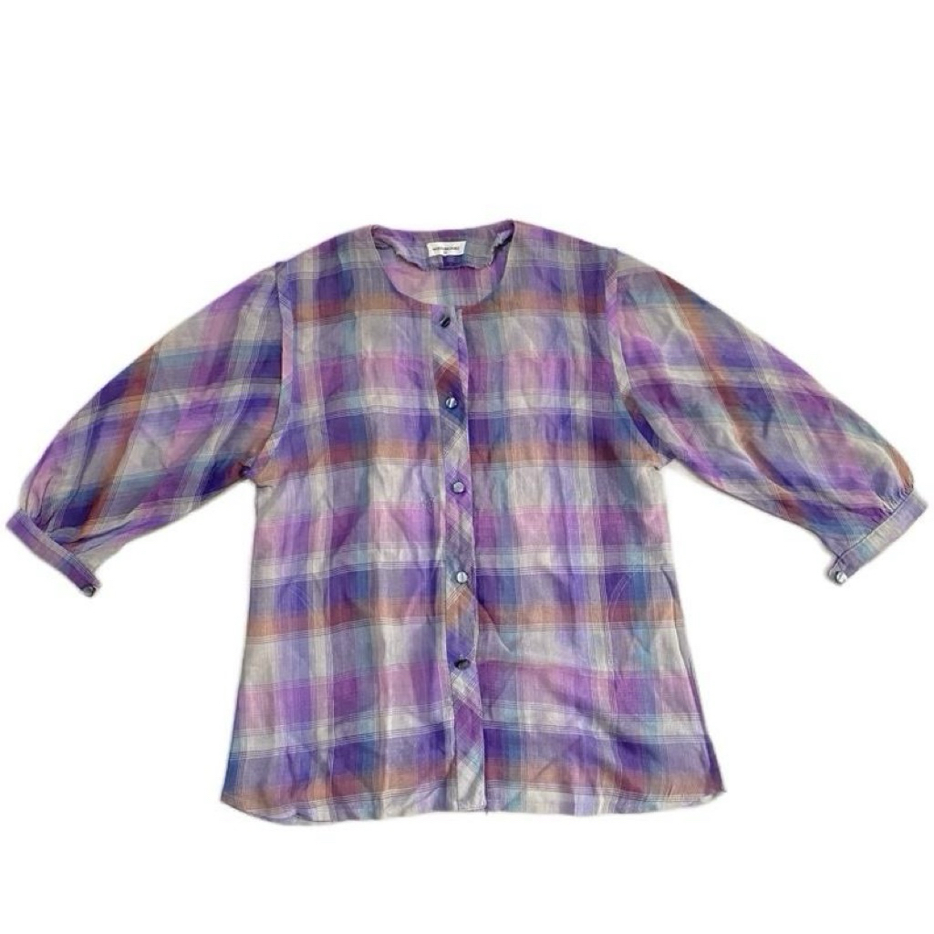 [PRELOVED] Kemeja Wanita Lengan Panjang Kotak-Kotak Ungu | Atasan Blouse Cewek Baju Linen Casual Dew