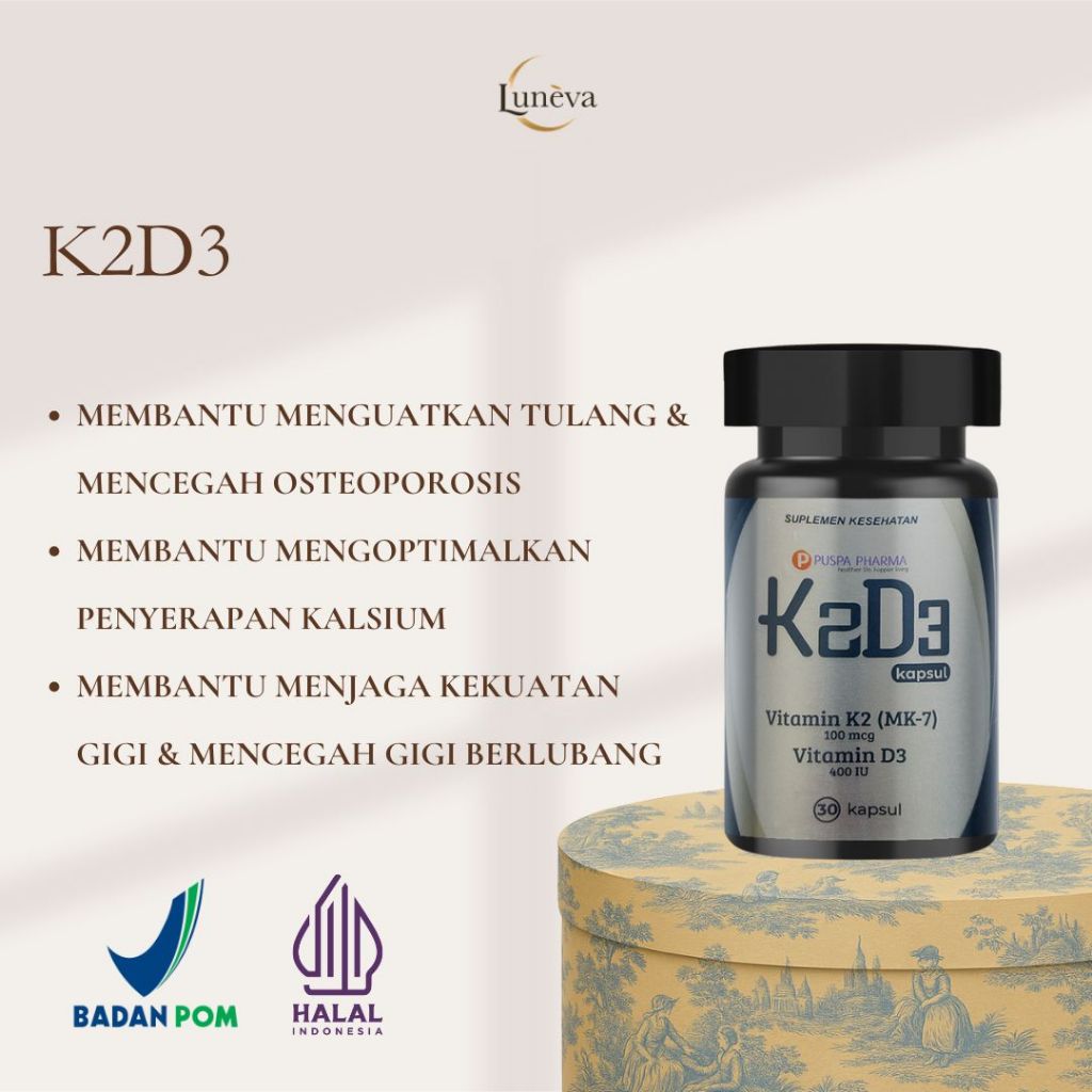 Puspa K2D3 | Vitamin K2 & D3 | Membantu menjaga kesehatan tulang & gigi | BPOM & HALAL | 30 kapsul