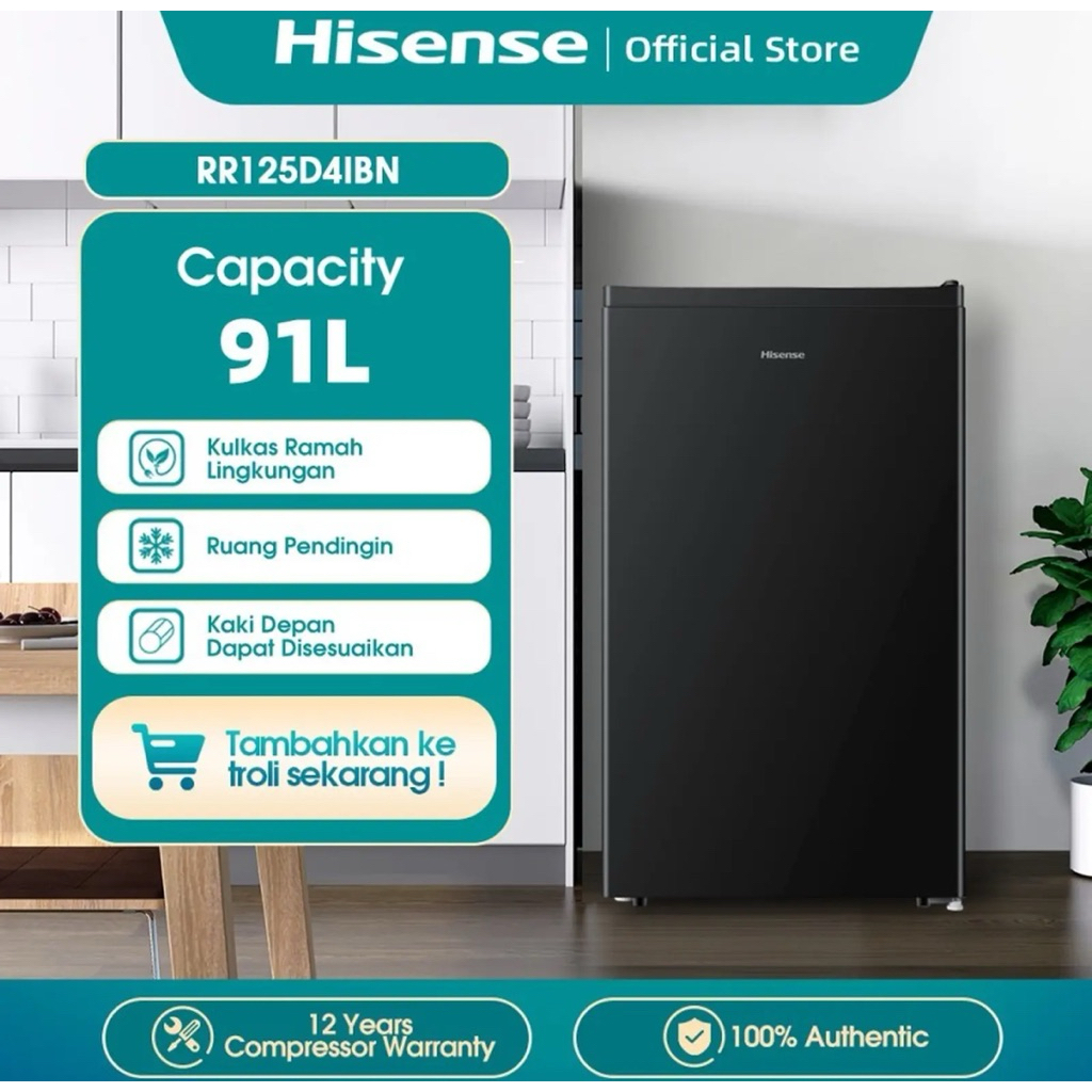 KULKAS HISENSE 1 PINTU RR125D4IBN - KULKAS MINI HISENSE 1 PINTU - KULKAS ANAK KOS HISENSE 1 PINTU - 