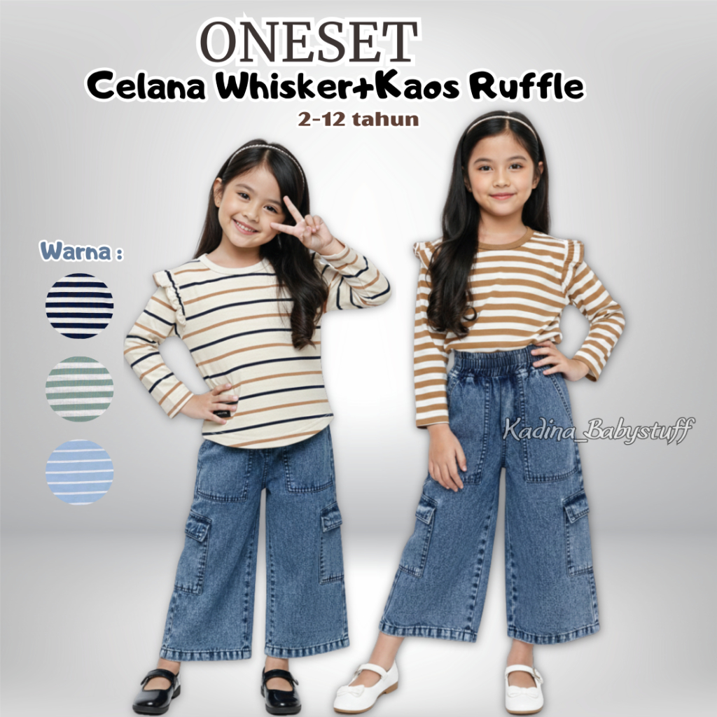 SETELAN KULOT CARGO JEANS ANAK / KAOS RUFFLE ANAK KEKINIAN / CELANA KULOT CARGO JEANS / ONESET KULOT