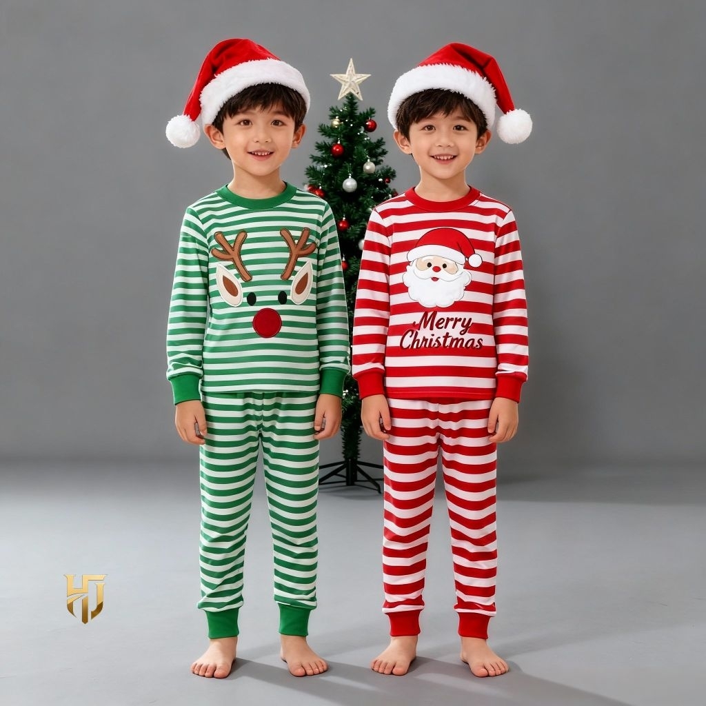 Setelan Baju Natal Anak laki-laki Perempuan 2 -10 Tahun Piyama Salur Baju Tidur