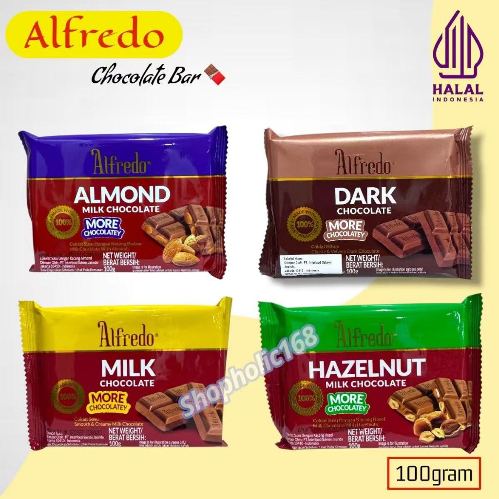 Cokelat Alfredo Bar Batang Hazelnut Milk Almond Dark Chocolate 100g Halal