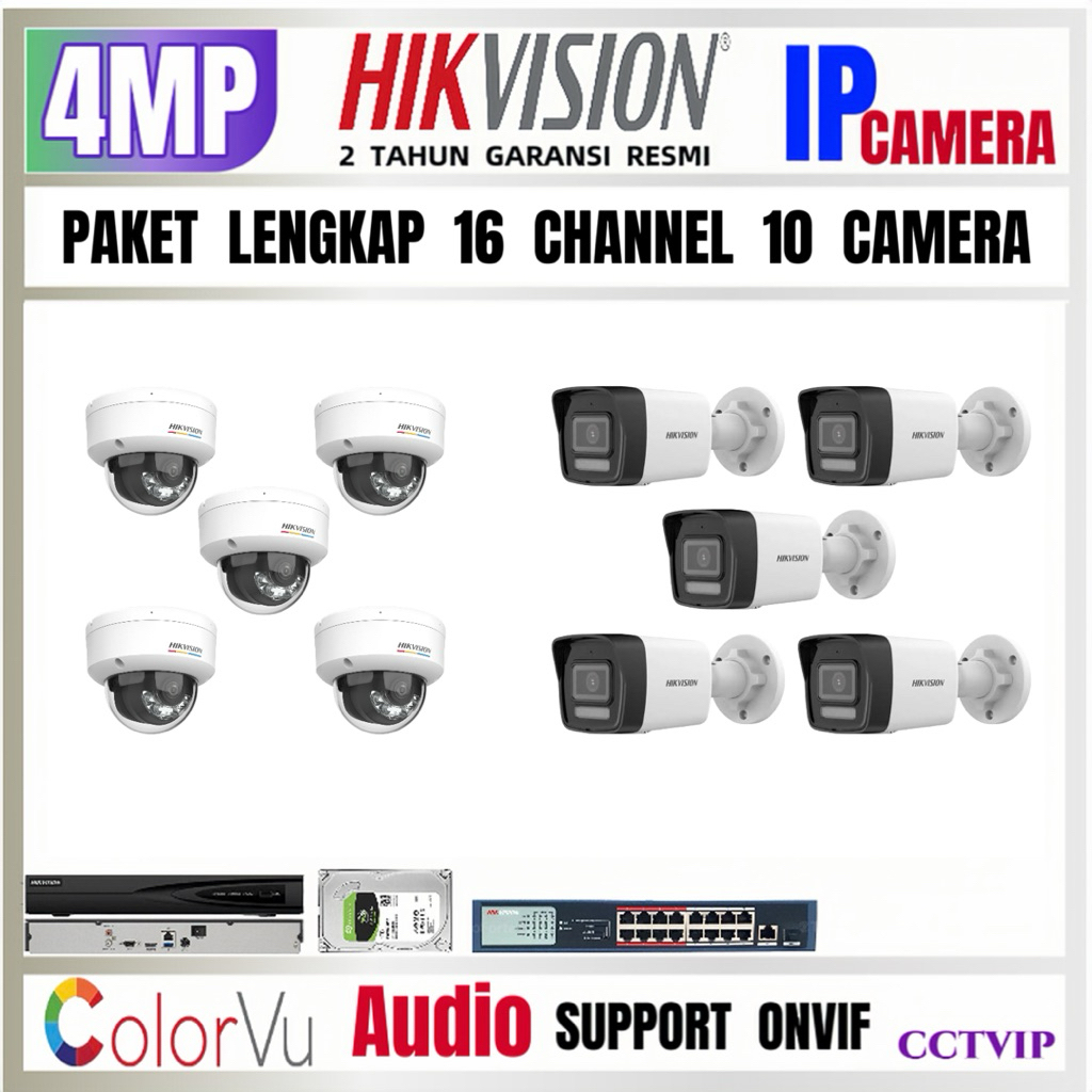 PAKET CCTV HIKVISION IP CAMERA 4MP COLORVU AUDIO 16 CHANNEL 10 CAMERA IP PoE