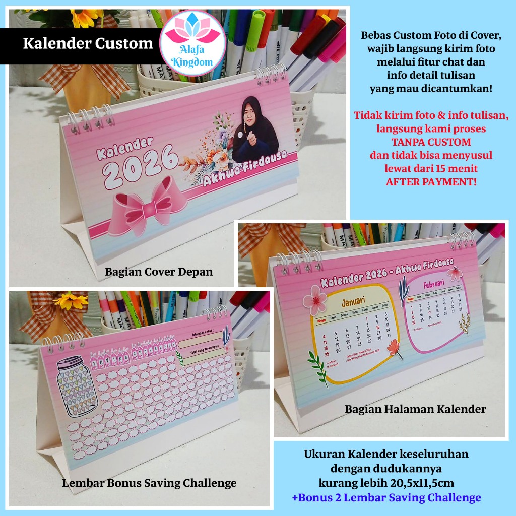 Alafakingdom Kalender Meja 2026 Custom Foto dan Nama Free Saving Challenge
