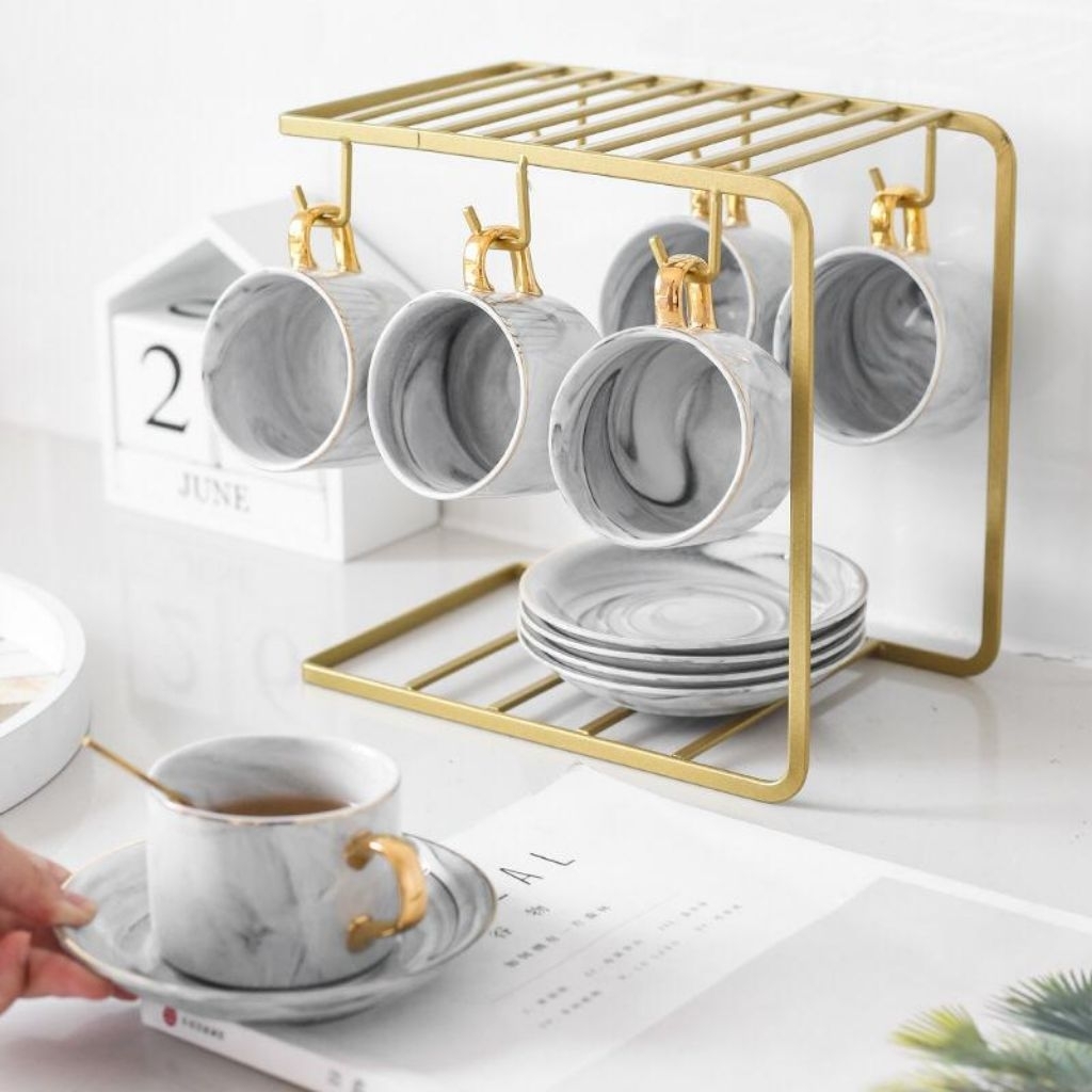 TTC GMG Cangkir Set Marble 6 PCS dengan Gantungan Cangkir / Cangkir Kopi / Teh Set / Gelas Set