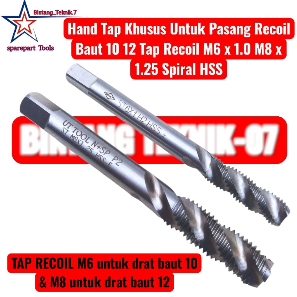 Hand Tap Khusus Untuk Pasang Recoil Baut 10 12 Tap Recoil M6 x 1.0 M8 x 1.25 Spiral HSS