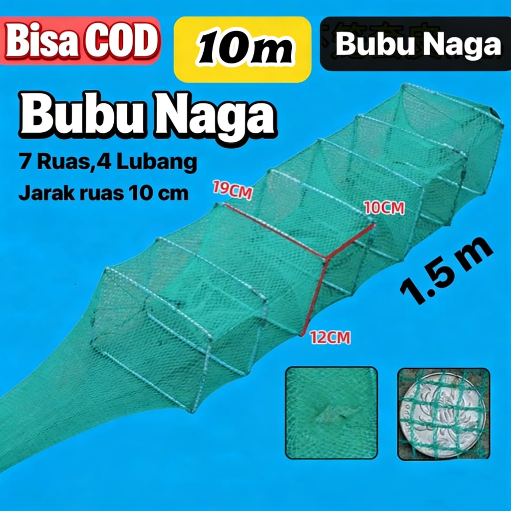Jaring Bubu Naga Perangkap Udang Ikan Lipat Portable 33 Ruas 10 Meter