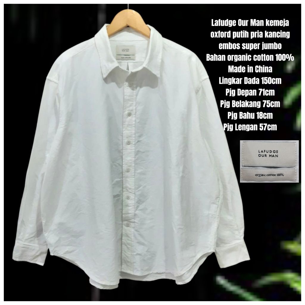 Lafudge Our Man kemeja oxford putih pria kancing embos super jumbo