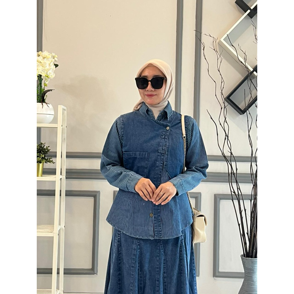 Andin Set Rok / Kemeja Jeans Washed Premium Set Rok Jeans Polos / COD