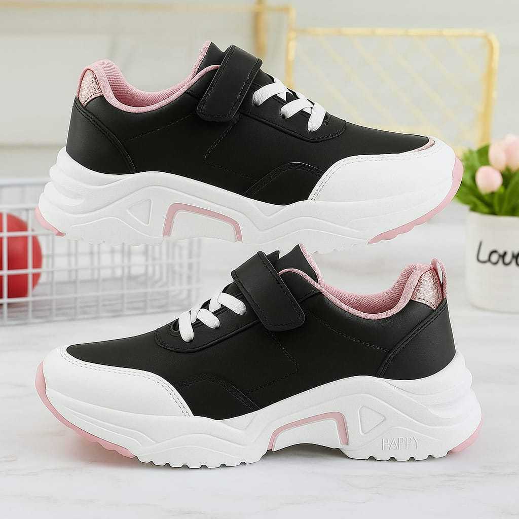 sepatu anak perempuan warna hitam putih untuk sekolah sd dan tk sneakers tali casual modern