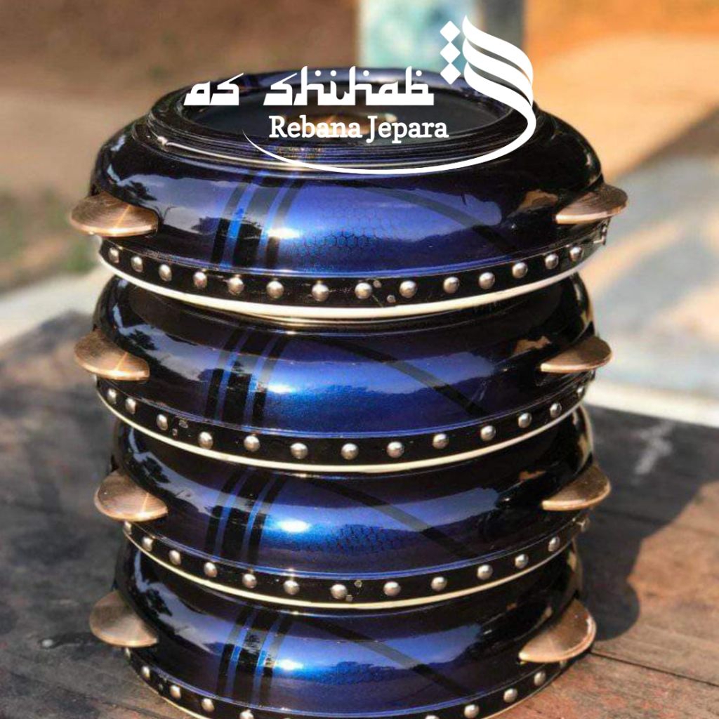 Rebana Hadroh Motif Biru Jaring" Kulit Punggung Kambing kencer Kuningan Asli