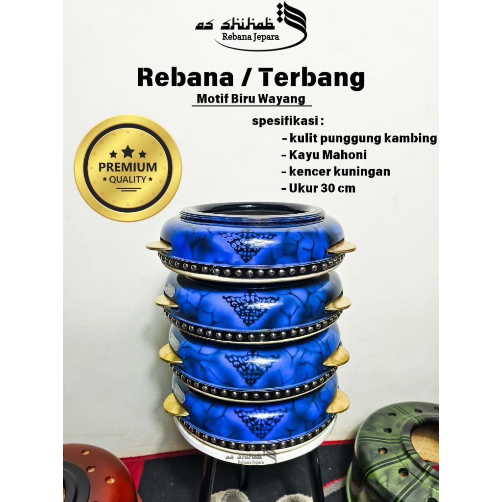 Rebana Hadroh Motif Biru Wayang Kencer Kuningan Asli kulit kambing Berkualitas