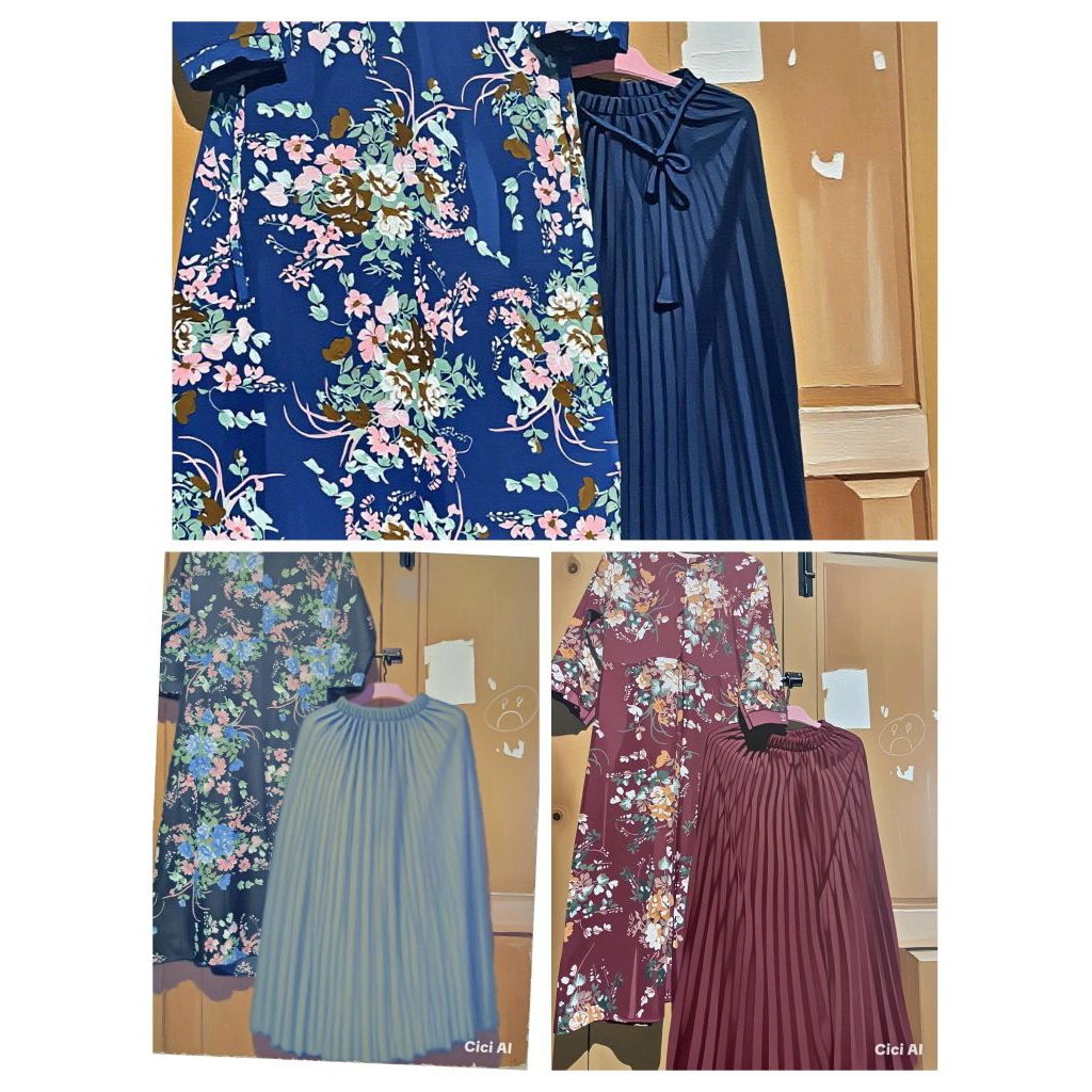 setelan rok plisket tunik panjang motif bunga katun