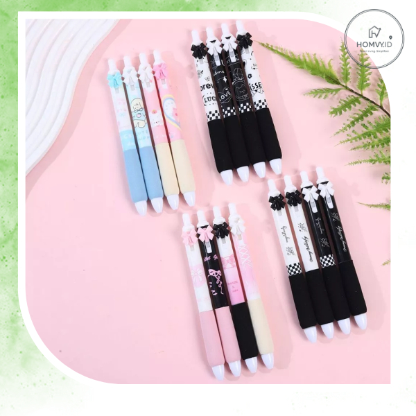 PN11 Pulpen Gel Mekanik 0.5mm Set Isi 4 Pcs Pulpen Karakter Aesthetic Tinta Hitam untuk Sekolah dan 
