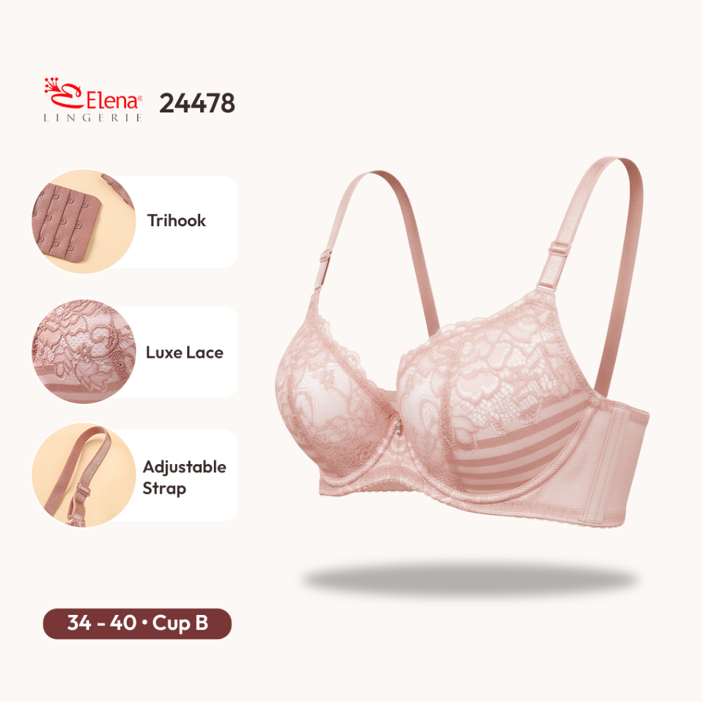 Elena Wired Bra BH Kawat Kait 3 Busa Tipis 24478 - Renda Brokat 3/4 Cup Lembut Nyaman 34B-40B