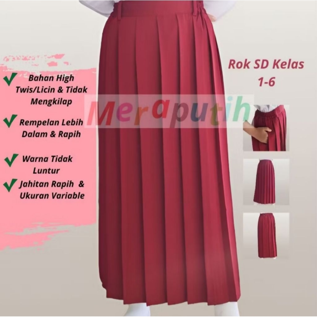 Rok Panjang SD Merah Rempel Lipit Bahan Licin/Jatuh