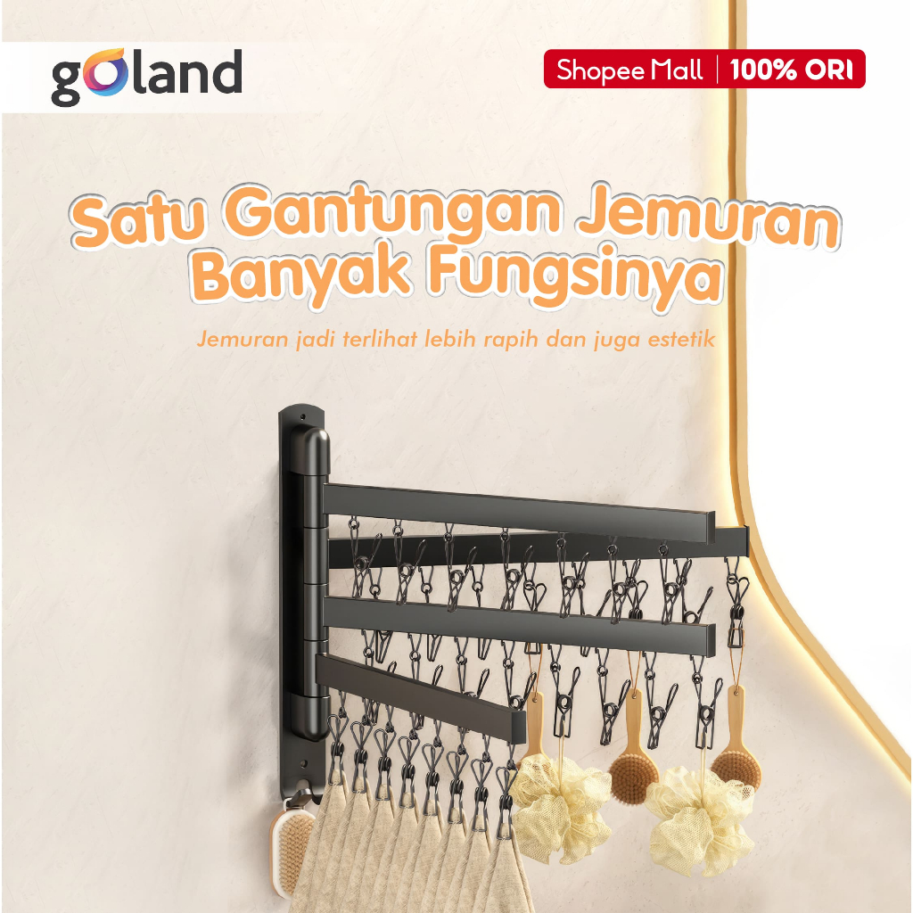 Jemuran Baju Tempel Dinding - Jemuran Dinding Lipat Gantung 32 Kait - Jemuran Gantung Besi Kokoh