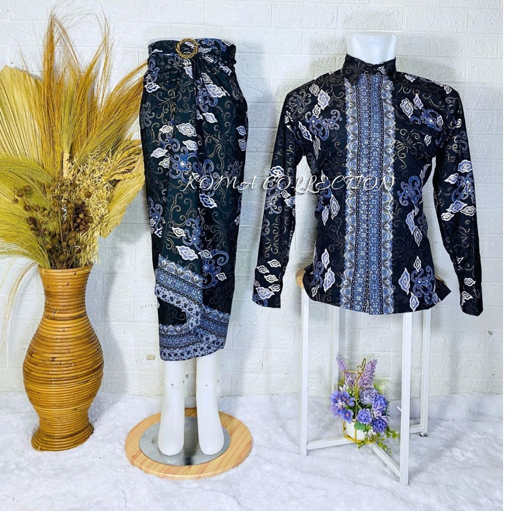 COD _Baju Couple Kemeja Batik pria dan Rok Lilit Motif Megamendung Silver / Couple kemeja Lengan pan