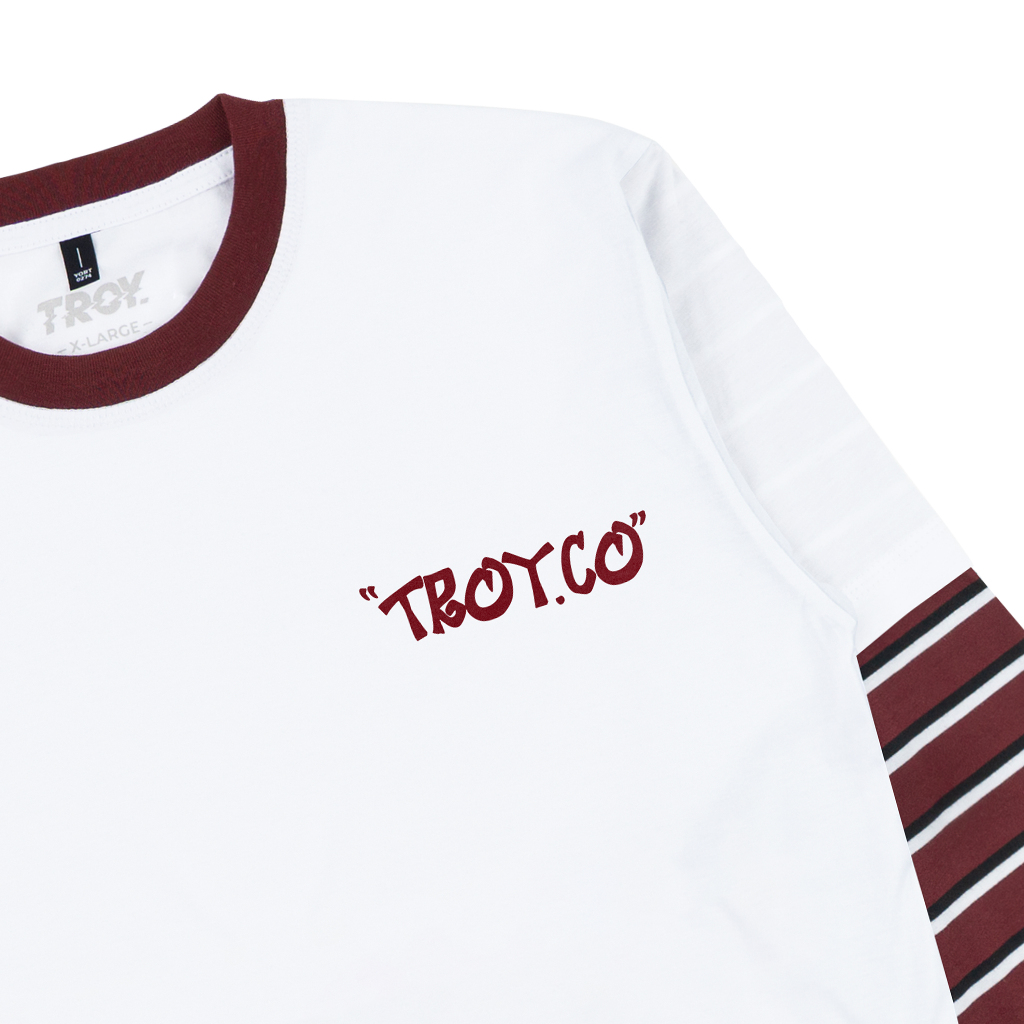 Troy Company Double Sleeve Longsleeve Tshirt White Maroon Fight Unrestrained - Kaos Putih Maroon Lengan Panjang DSD 3491