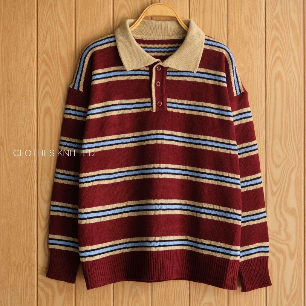 Sweater Rajut Wanita Motif Kerah Polo stripe Wanita Korea