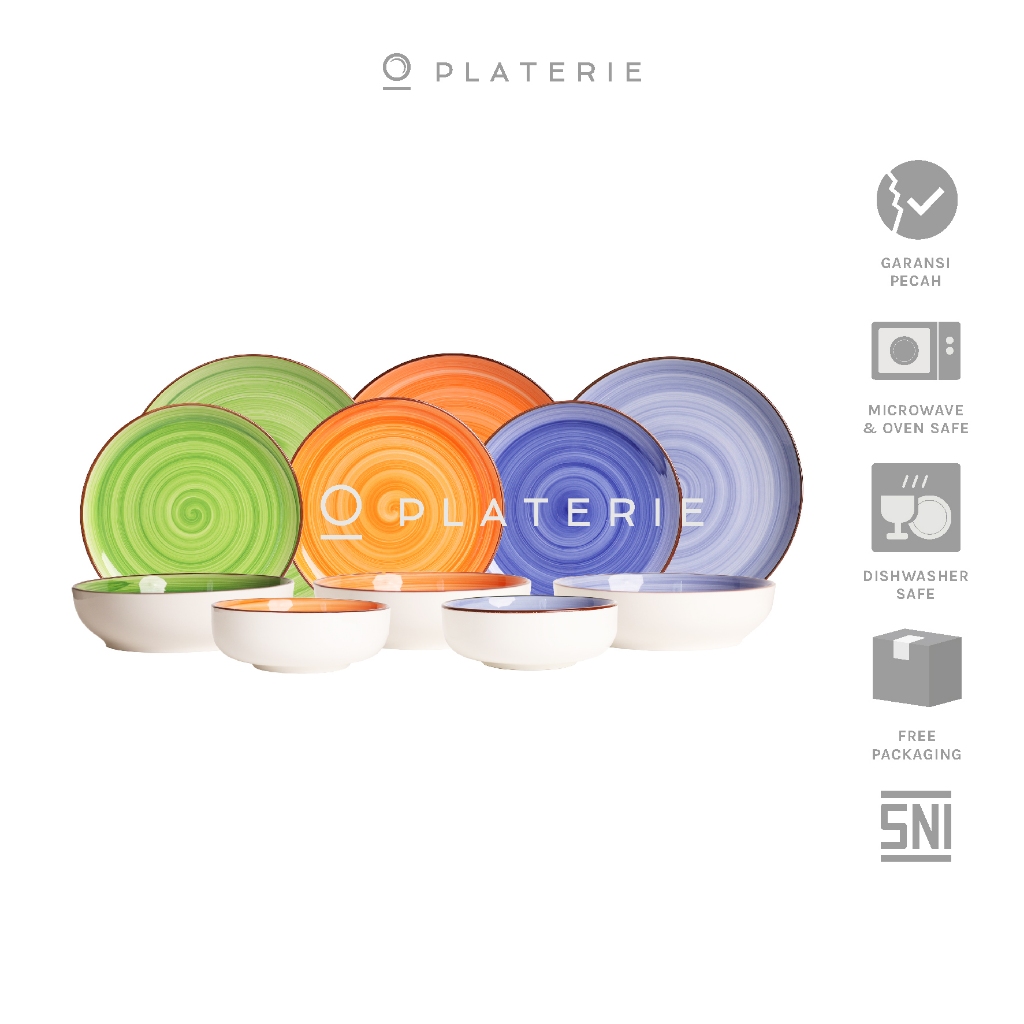 PLATERIE Dinner Set Piring Mangkok , Dinner & Salad Plate & Bowl Keramik Colored Swirls